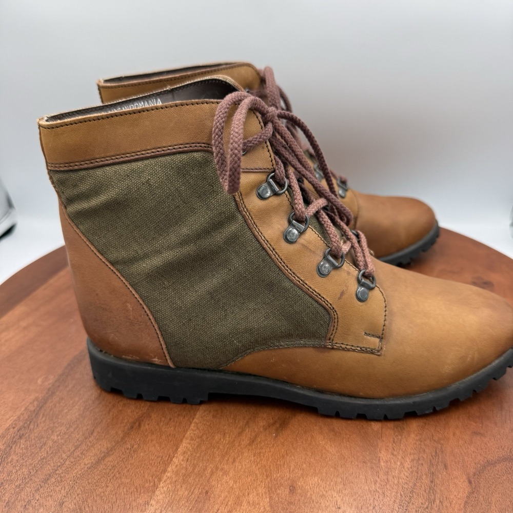 Vintage G Wiz Hiking Boots Womens Brown Olive Green Leather Canvas Plaid Lined 8